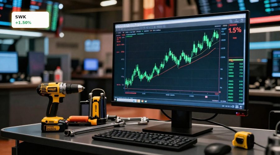 Stanley Black & Decker Earnings shown by rising stock chart beside premium power tools amid tariff concerns