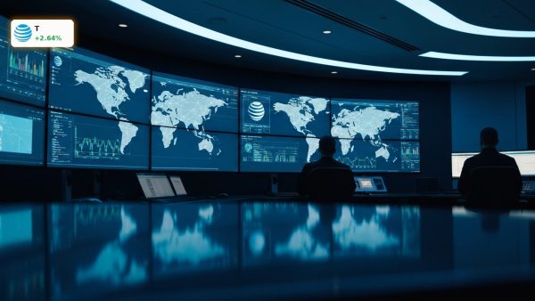 The AT&T AI System monitoring global network data in a modern telecommunications operations center.