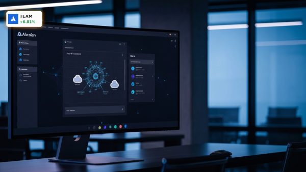 Atlassian Earnings surge driven by Rovo AI enterprise cloud software on a dark office monitor.