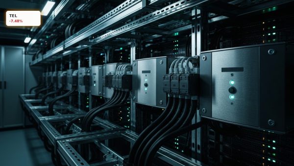 High-tech data center power units representing the strategic TE Connectivity Acquisition for AI infrastructure.