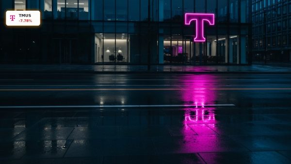 T-Mobile US Earnings: Glowing magenta logo on corporate headquarters building at night amid stock market reaction.