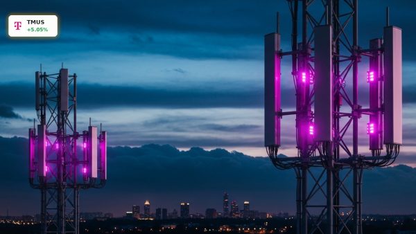5G cell towers glowing in magenta representing T-Mobile US Earnings.