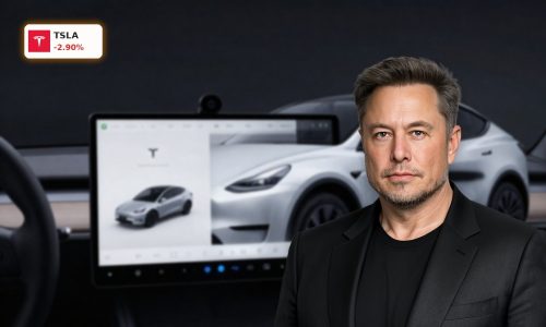 Tesla FSD Denmark focus on a Tesla vehicle staged to highlight Full Self-Driving technology and autonomy