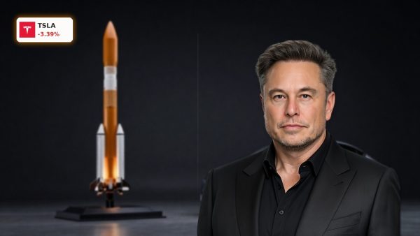 Tesla SpaceX IPO concept with Tesla car and SpaceX rocket on dark premium background amid valuation concerns