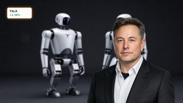 Tesla Merger concept with Optimus robot and Starlink satellite hardware on a dark premium background