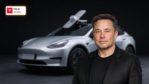 Tesla Partnership featuring EV and Starlink terminal with autonomous driving hardware in premium dark studio