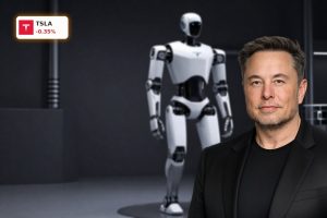 Tesla Robotics Optimus humanoid robot in high-tech factory setting symbolizing new profit growth