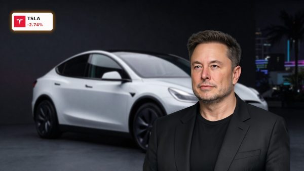 Tesla Robotaxi vehicle in premium studio-style scene with subtle Miami backdrop and autonomous driving design details