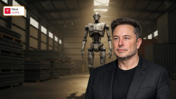 Tesla Optimus humanoid robot standing inside a high-tech automated manufacturing facility.