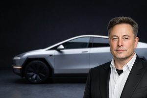 Tesla Robotaxi Strategy concept Cybercab in dramatic lighting symbolizing autonomous pivot