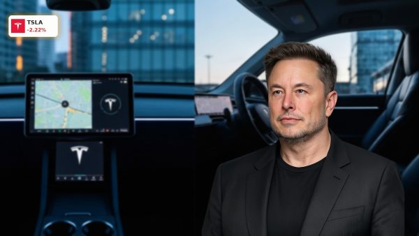 Tesla Robotaxi Optimus autonomous driving technology inside a futuristic vehicle cabin.