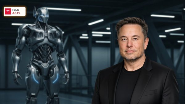 Tesla Earnings focus shifts to Optimus humanoid robot and AI technology in a high-tech facility.