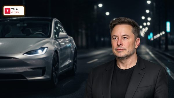A sleek Tesla vehicle driving autonomously on a wet city street at night, ahead of the Tesla Earnings release.