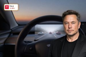 Tesla FSD Probe scrutiny highlighted by Tesla dashboard with Full Self-Driving screen in low-visibility traffic