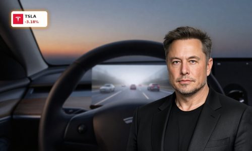 Tesla FSD Probe scrutiny highlighted by Tesla dashboard with Full Self-Driving screen in low-visibility traffic