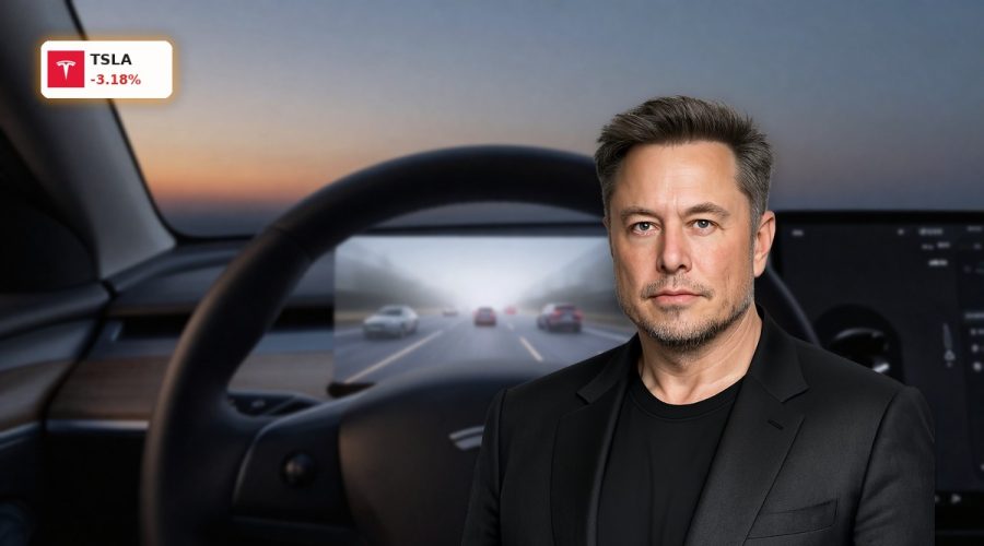 Tesla FSD Probe scrutiny highlighted by Tesla dashboard with Full Self-Driving screen in low-visibility traffic