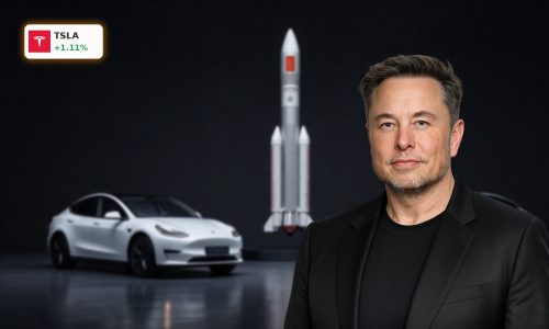 Tesla SpaceX Merger concept with Tesla car beside SpaceX rocket highlighting $50B IPO risk