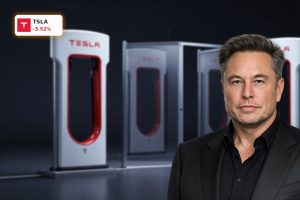 Tesla Strategy highlighted by next-gen Supercharger unit and AI chip focus in a dark premium product scene