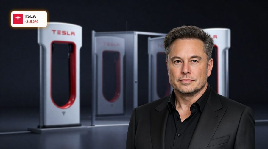 Tesla Strategy highlighted by next-gen Supercharger unit and AI chip focus in a dark premium product scene