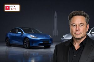 Tesla Forecast tension with premium Tesla EVs under dramatic lighting hinting at AI and SpaceX future