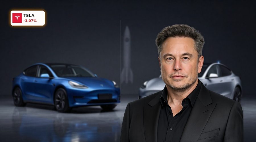 Tesla Forecast tension with premium Tesla EVs under dramatic lighting hinting at AI and SpaceX future
