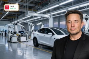 Tesla Product Shift factory scene with autonomous robotaxi and humanoid robots in high-tech EV production line