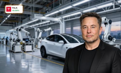 Tesla Product Shift factory scene with autonomous robotaxi and humanoid robots in high-tech EV production line
