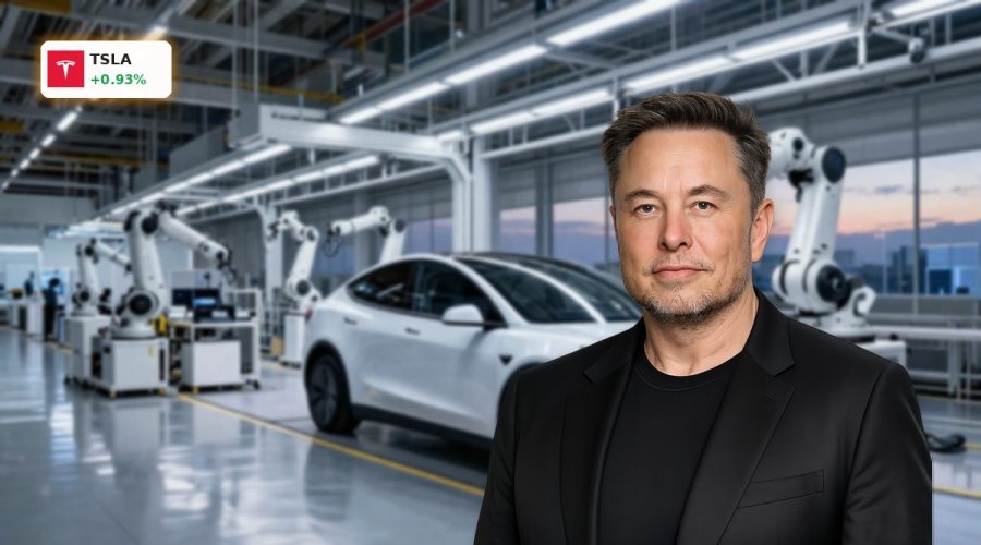 Tesla Product Shift factory scene with autonomous robotaxi and humanoid robots in high-tech EV production line