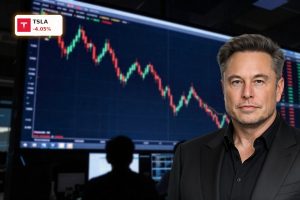 Tesla Forecast debate visualized by a volatile stock chart with sharp recent drop in a dark trading room