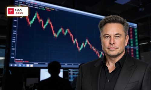 Tesla Forecast debate visualized by a volatile stock chart with sharp recent drop in a dark trading room