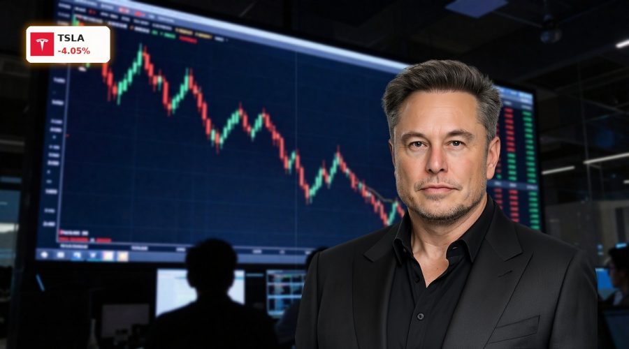 Tesla Forecast debate visualized by a volatile stock chart with sharp recent drop in a dark trading room