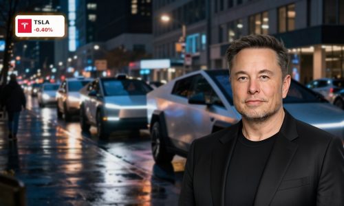 Tesla Robotaxi autonomous EVs lined up in a city street amid demand and cash flow worries