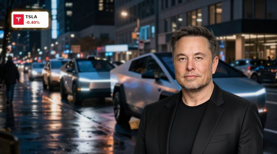 Tesla Robotaxi autonomous EVs lined up in a city street amid demand and cash flow worries