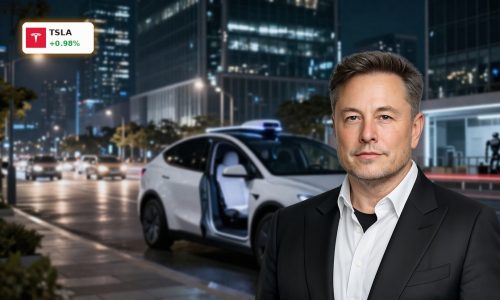 Tesla Robotaxi concept car in an autonomous night city setting with AI focus