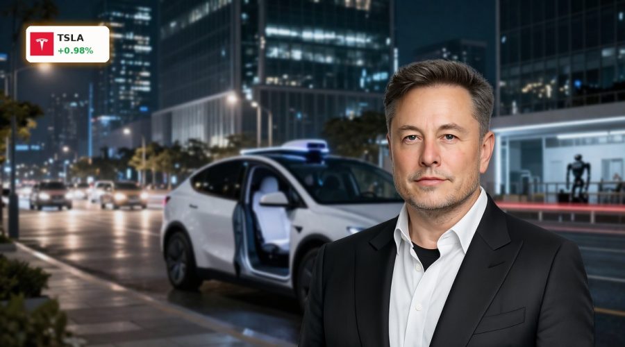 Tesla Robotaxi concept car in an autonomous night city setting with AI focus
