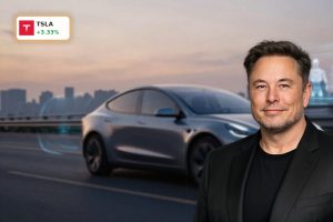 Tesla Forecast highlighted by Tesla EV with AI and robotaxi themes in a futuristic city scene