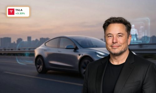 Tesla Forecast highlighted by Tesla EV with AI and robotaxi themes in a futuristic city scene