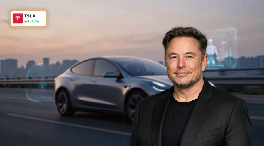 Tesla Forecast highlighted by Tesla EV with AI and robotaxi themes in a futuristic city scene