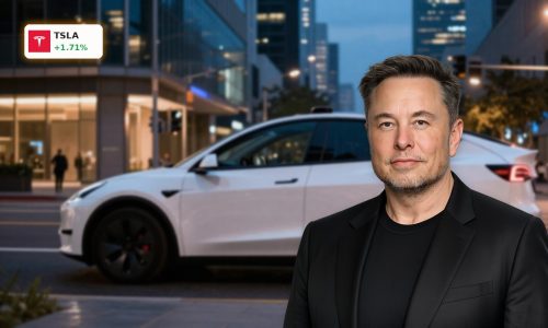 Tesla Robotaxi concept car in a smart city at night highlighting FSD and AI-driven ride-hailing future.