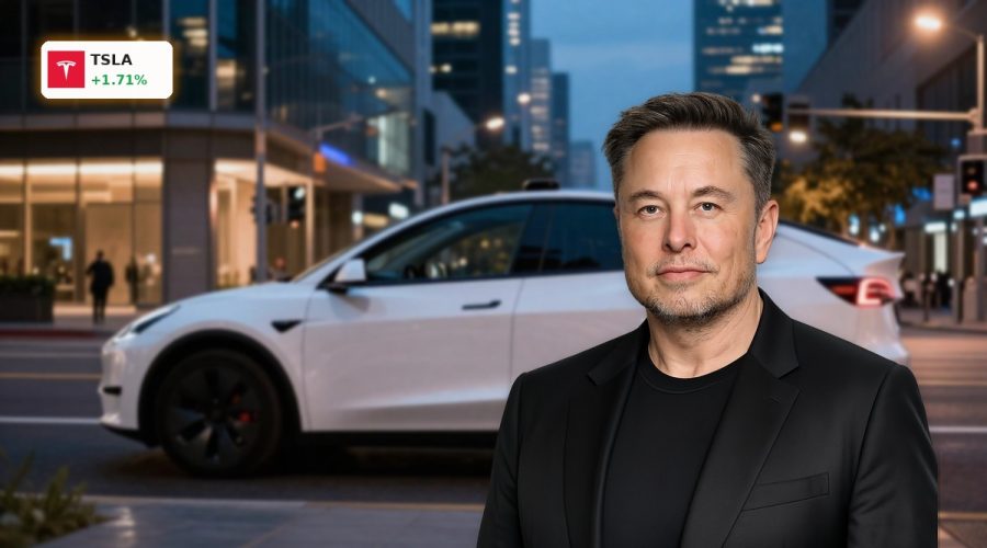 Tesla Robotaxi concept car in a smart city at night highlighting FSD and AI-driven ride-hailing future.