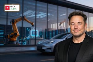 Tesla Forecast sentiment visualized with a sleek EV by an AI chip and robotics facility after UBS upgrade