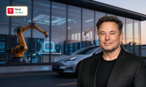 Tesla Forecast sentiment visualized with a sleek EV by an AI chip and robotics facility after UBS upgrade