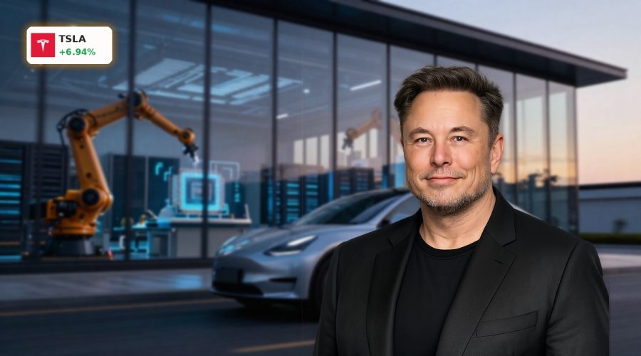 Tesla Forecast sentiment visualized with a sleek EV by an AI chip and robotics facility after UBS upgrade