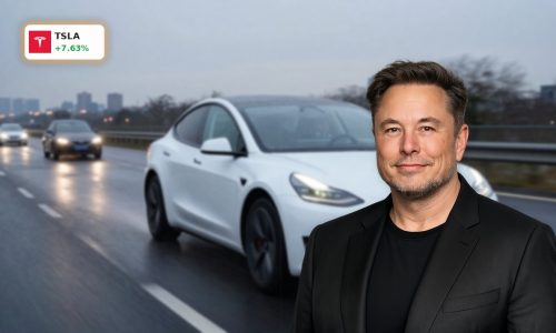 Tesla FSD Strategy illustrated by a Tesla driving autonomously on a European highway at dusk.