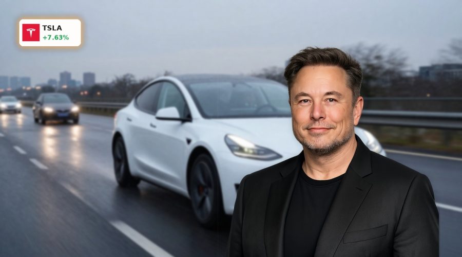 Tesla FSD Strategy illustrated by a Tesla driving autonomously on a European highway at dusk.