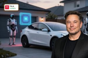 Futuristic robotaxi, humanoid robot and AI chip concept illustrating Tesla AI Strategy and TSLA rally.