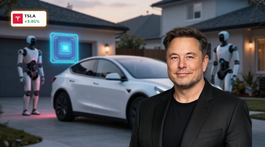 Futuristic robotaxi, humanoid robot and AI chip concept illustrating Tesla AI Strategy and TSLA rally.