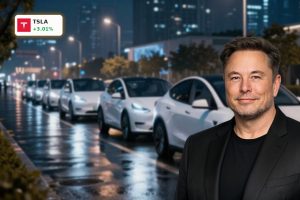 Tesla Robotaxi concept cars operating autonomously in a modern city at night