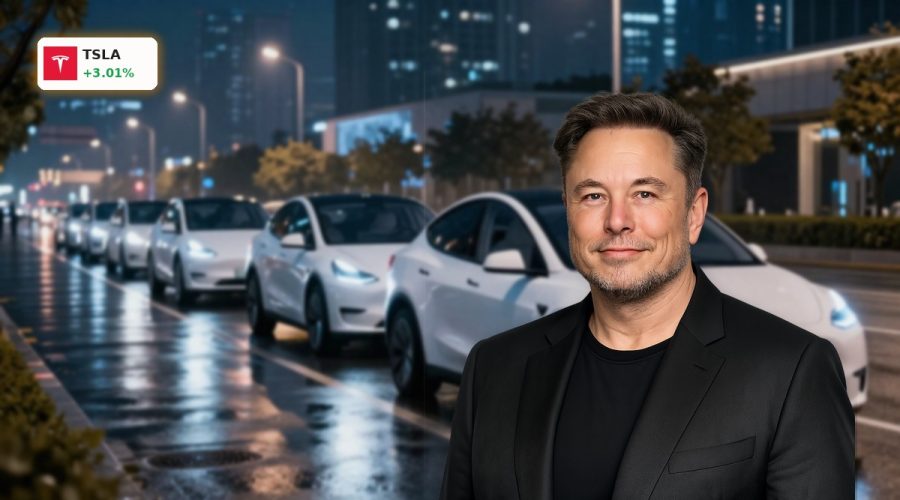 Tesla Robotaxi concept cars operating autonomously in a modern city at night