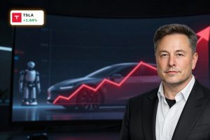 Tesla Earnings beat with TSLA stock chart rising amid AI and robotaxi ambitions